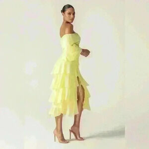 Alieva Dorra Chiffon Midi Dress Size Small Yellow Ruffle Sexy Girly Wavy